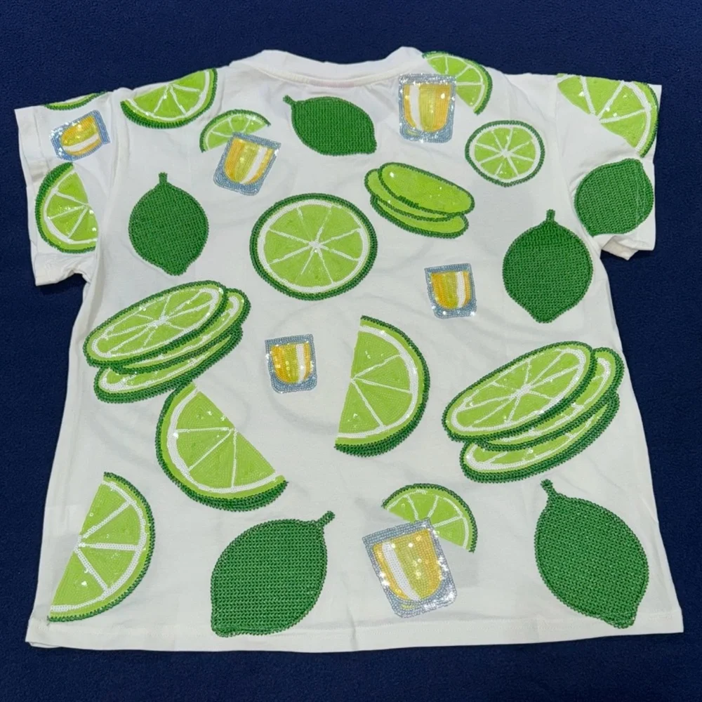 🍋‍🟩NWOT Queen Of Sparkles XS Sequined Lime And Tequila Tee - Picture 6 of 11